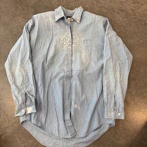 Vintage Y2K Denim Cotton Embellished Pearl Light Wash Button Up Longsleeve XL